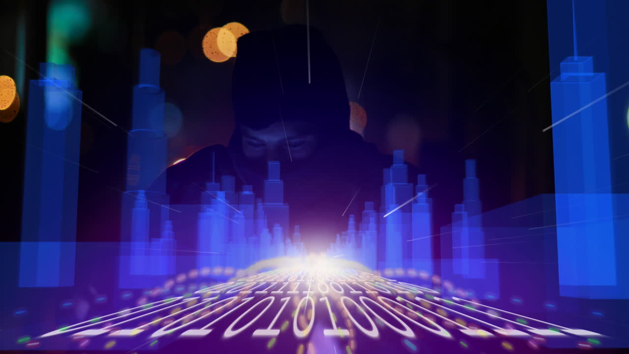 3d 도시 모델이 바이너리 코딩을 통해 노트북을 사용하는 남성 해커와 대결합니다.