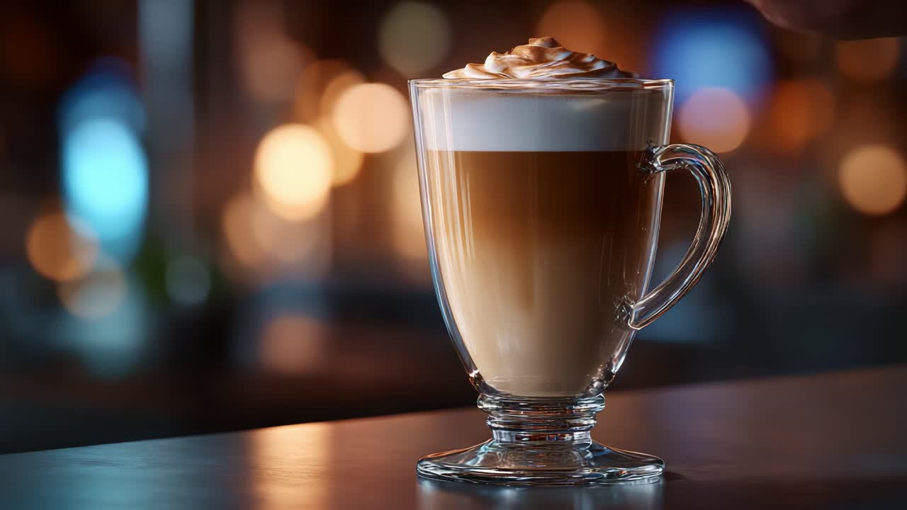 Café latte cremoso com espuma batida e caramelo em um copo elegante, mostrando um ambiente de cafeteria aconchegante com luzes bokeh quentes no plano de fundo