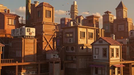 a vibrant world of unique wooden architecture: exploring the intricate designs and layers of a lively community in a stylized urban setting