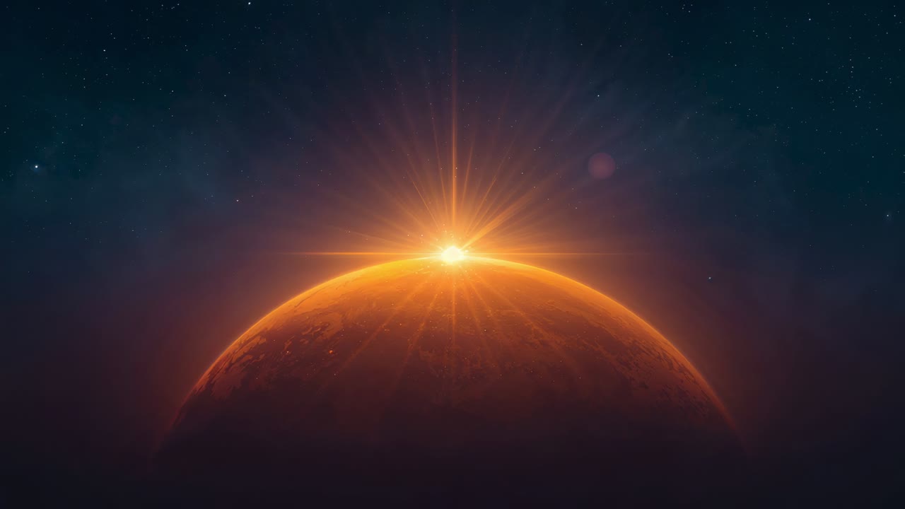 Rotating rust-orange limb revealing bright star at horizon in high orbit, casting halo and flares