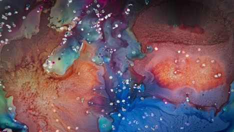 vivid ink patterns in water with glittering particles, creating an abstract artistic backdrop in warm and cool tones