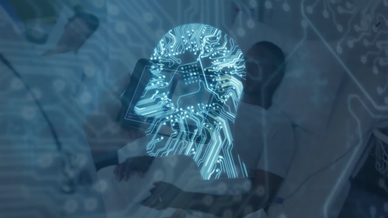 animación de la cabeza de la placa de circuito de computadora sobre un médico caucásico con una tableta