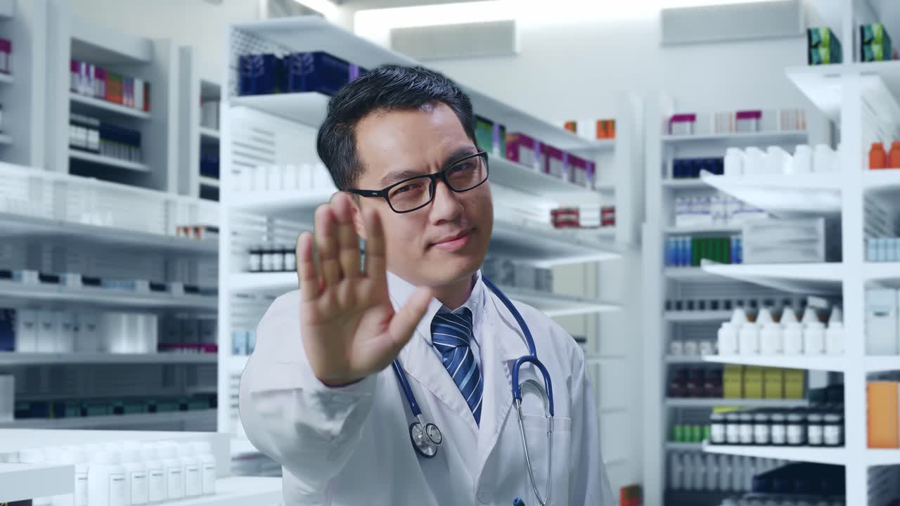 약국 에 서 있는 동안 스테토스코프 를 들고 멈추는 몸짓 을 하는 아시아 남자 의사 의 근접 사진