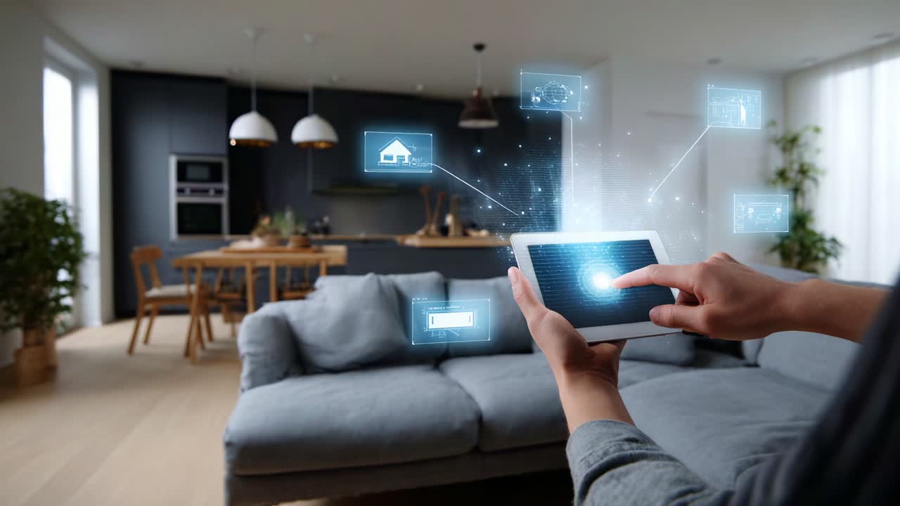 Exploring Smart Home Controls on a Digital Tablet in a Modern Living Room with Interactive Interface Elements and Futuristic Technology Integration