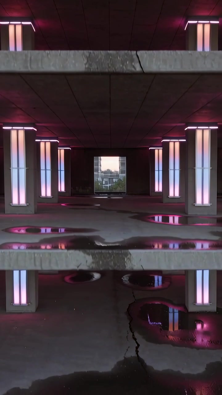 Video verticale: timer che si avvia, colonne LED che virano al rosa e blu in una cornice di cemento, nelle pozzanghere