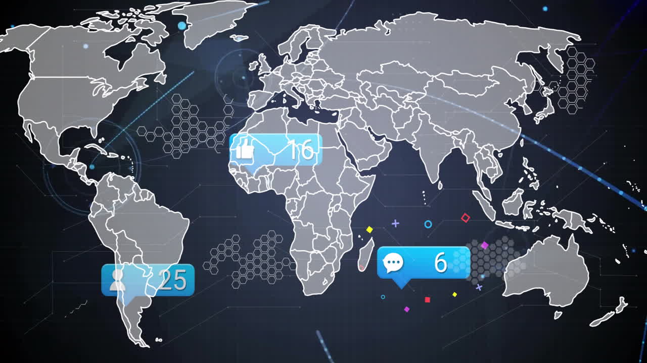 mapa del mundo con notificaciones de redes sociales y animación de puntos de datos