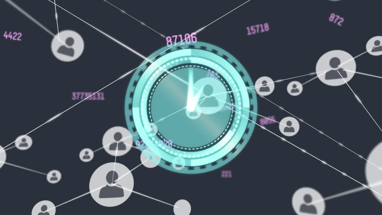Animazione di punti connessi su un orologio digitale e numeri variabili, su sfondo nero
