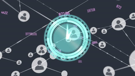 animación de puntos conectados sobre reloj digital y números cambiantes contra un fondo negro.