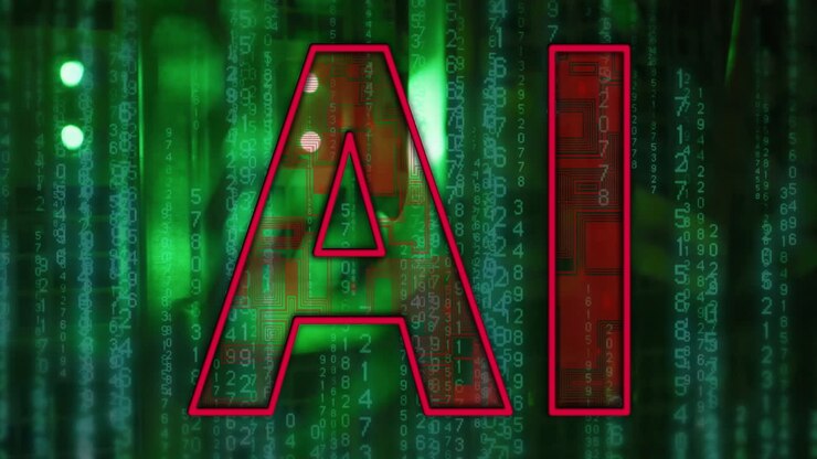 Animation af AI-tekst og databehandling over computerservere