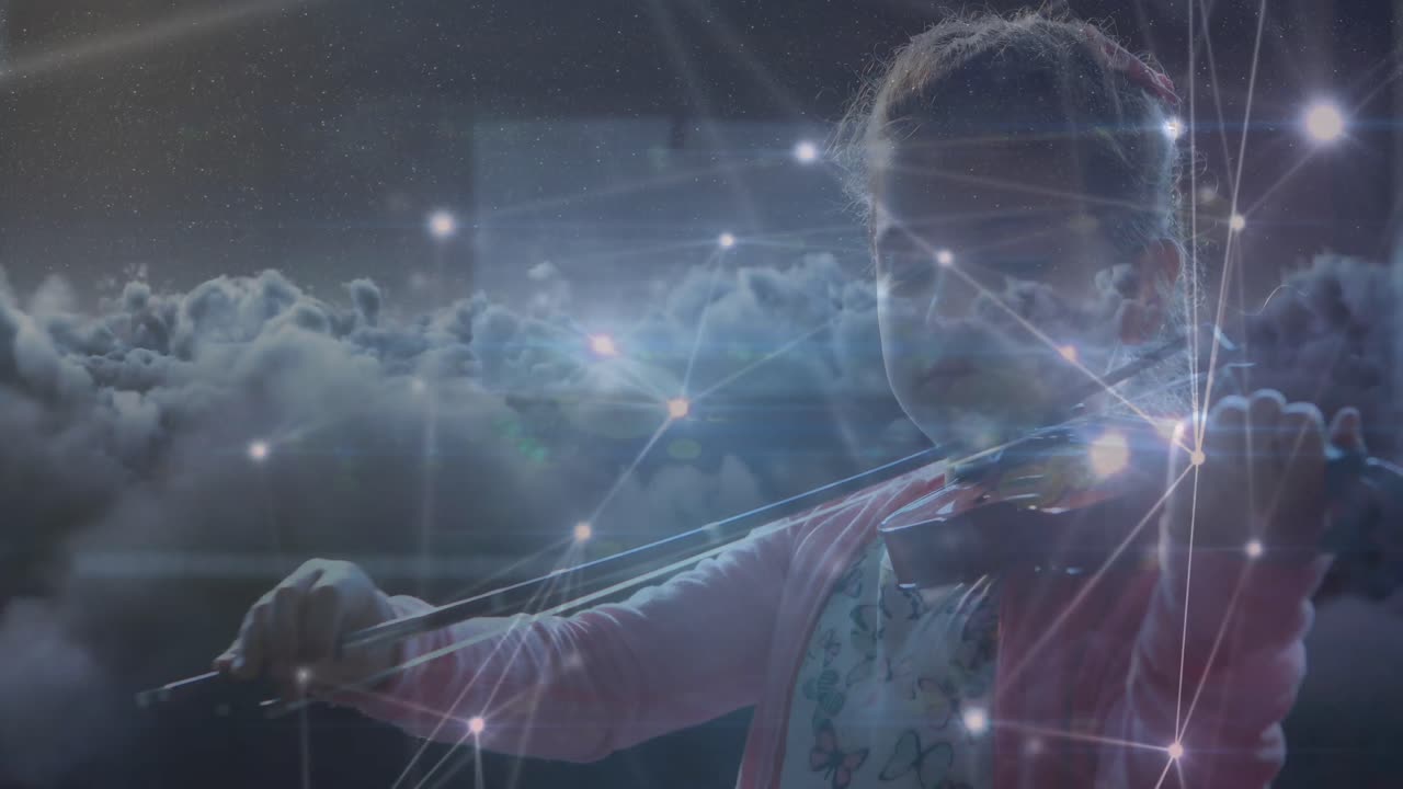 animación de una estudiante caucásica tocando el violín con conexiones de red y procesamiento de datos