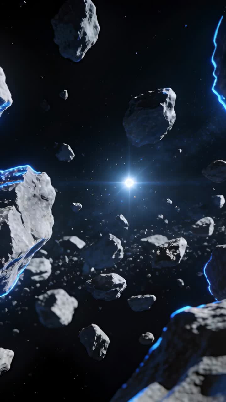 Video verticale: Telecamera che si muove attraverso densi asteroidi, centrando una stella, con vene blu pulsanti per la tecnologia.