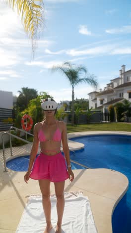 woman in vr headset by a swimming pool