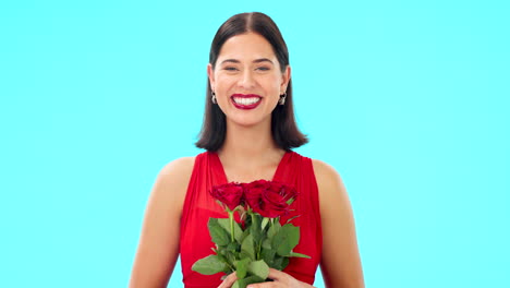 Rose-flowers,-face-and-happy-woman-in-studio