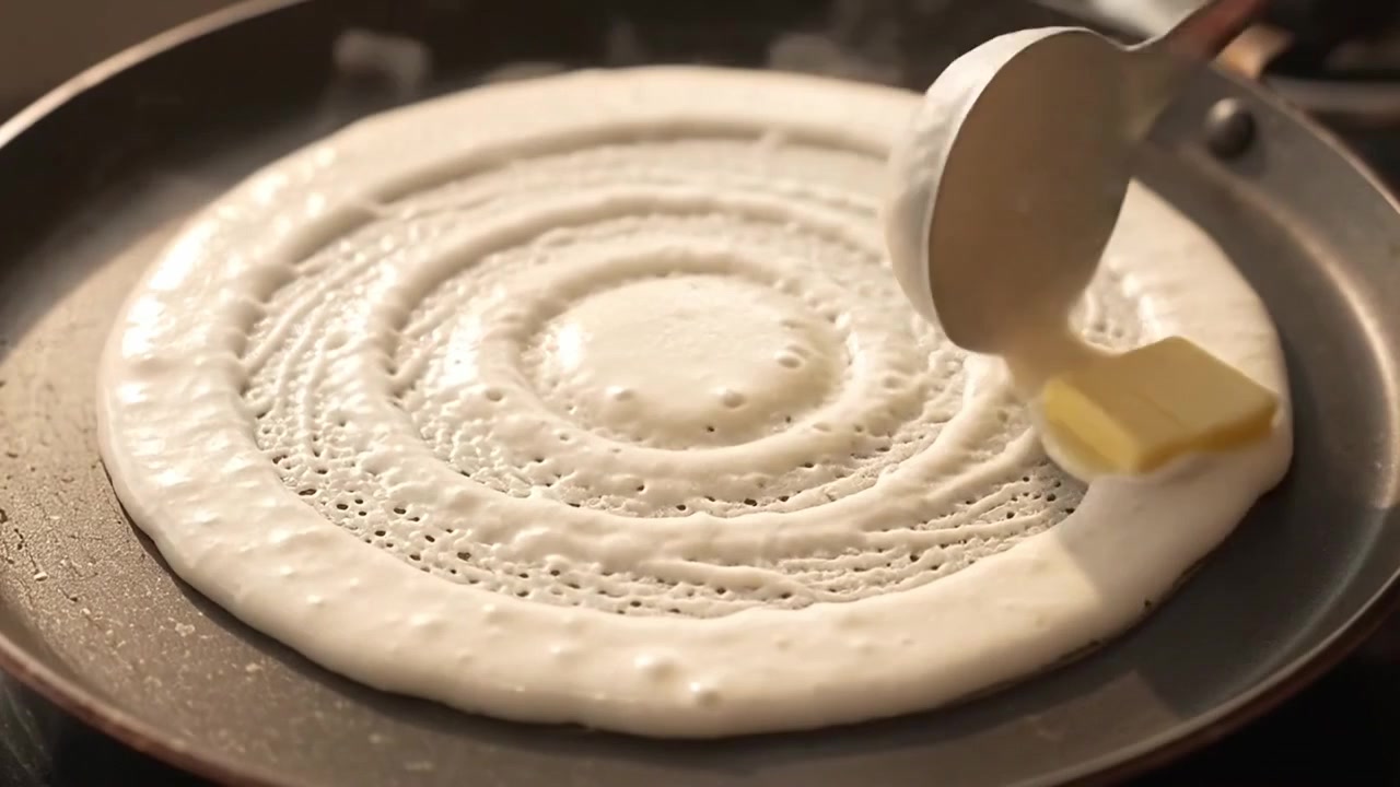 Chef Spreading Dosa Batter on Hot Griddle with Butter