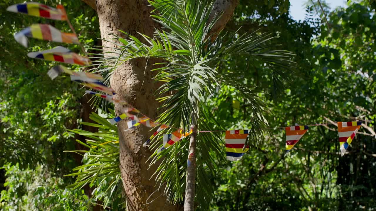 Uma série de vibrantes bandeiras budistas multicoloridas estendidas por um jardim, tremulando na brisa contra um pano de fundo de árvores tropicais e vegetação.