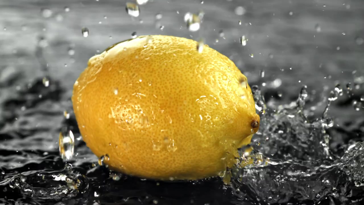 Schizzi d'acqua in slow motion su un limone giallo fresco