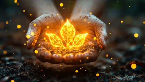 hands holding glowing leaves surrounded by earthy elements