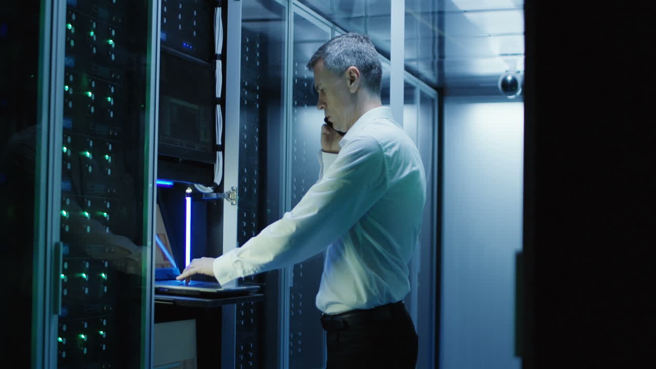 técnico informático trabajando en una sala de servidores