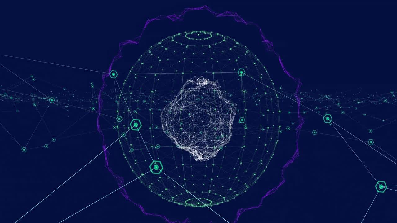 Animation of connected dots over connected dots forming globe against black background