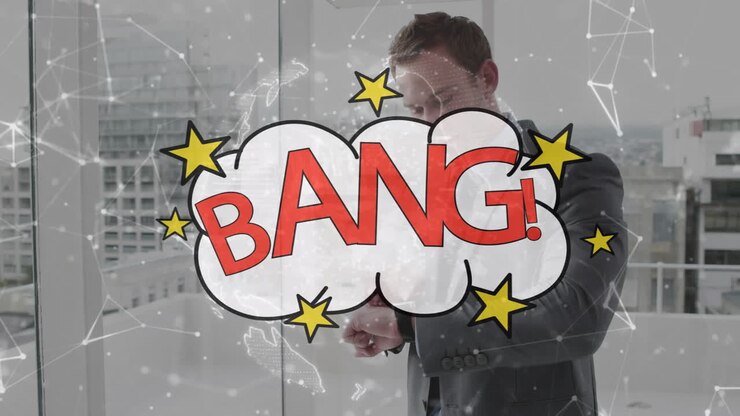 Animazione di testo 'bang' su uomo d'affari caucasico.