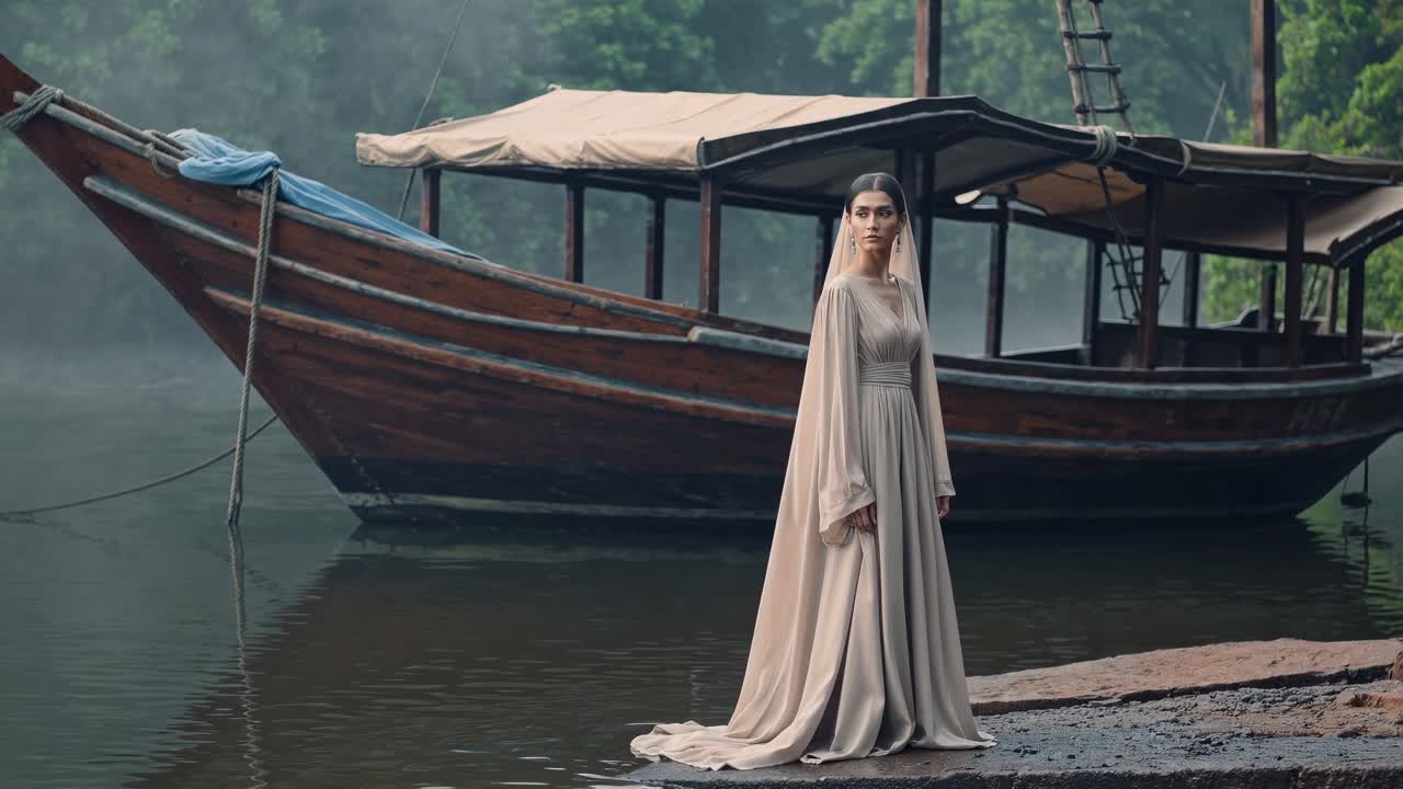 Elegant woman wearing a long dress is standing on a small pier with a wooden boat moored in the background, creating a serene and evocative scene on a misty morning