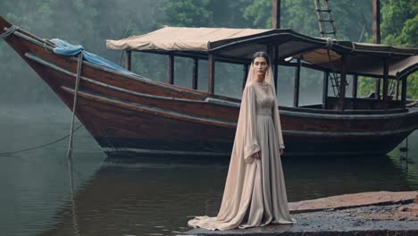 elegant woman wearing a long dress is standing on a small pier with a wooden boat moored in the background, creating a serene and evocative scene on a misty morning