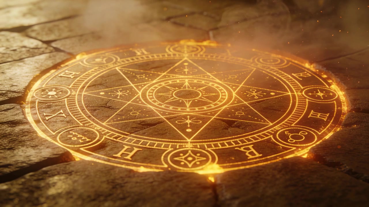 Sigillo rituale pulsante che brilla dopo una scintilla di brace, evocando rune fuse e fumo su un pavimento crepato.