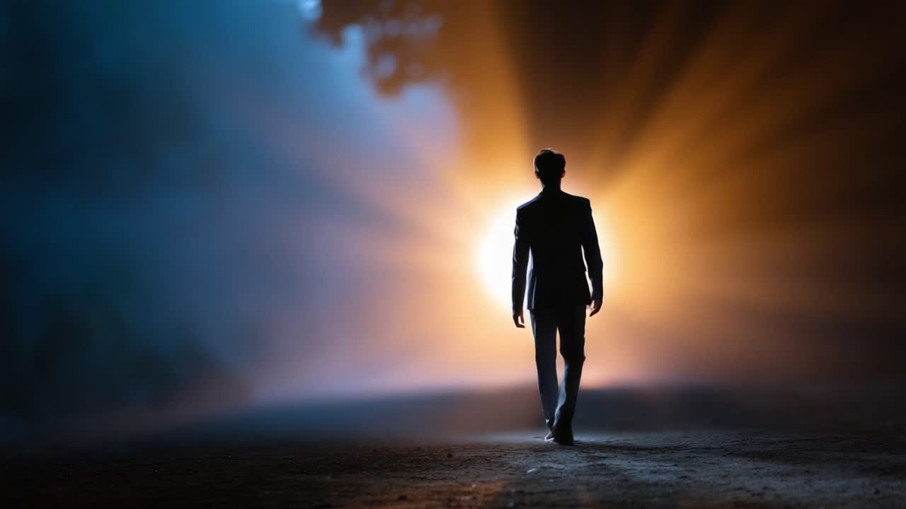 Uma figura solitária caminha com confiança em direção a uma luz radiante no fim de um caminho escuro, simbolizando esperança, transformação e a jornada para o desconhecido.