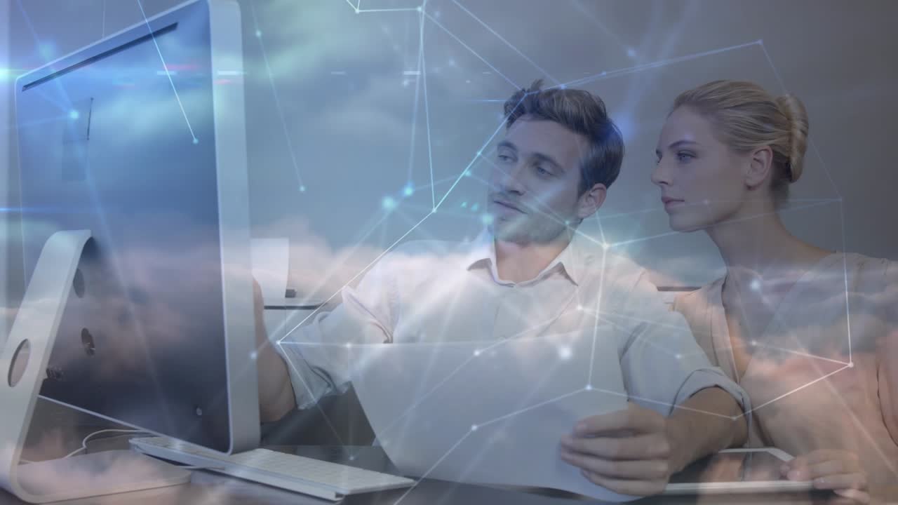 Network of connections over caucasian couple calculating finance against clouds in the sky
