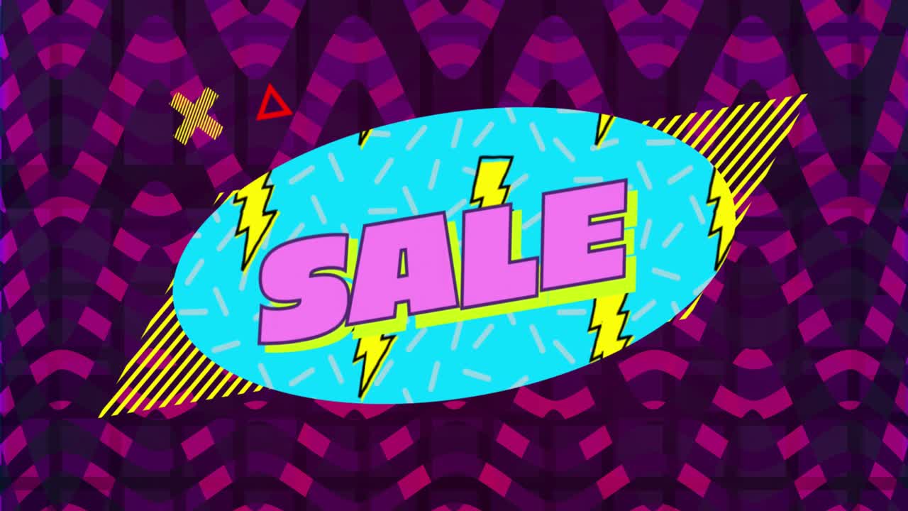 gráfico de venta en óvalo azul con destellos de relámpagos y fondo a rayas rosadas y púrpuras 4k