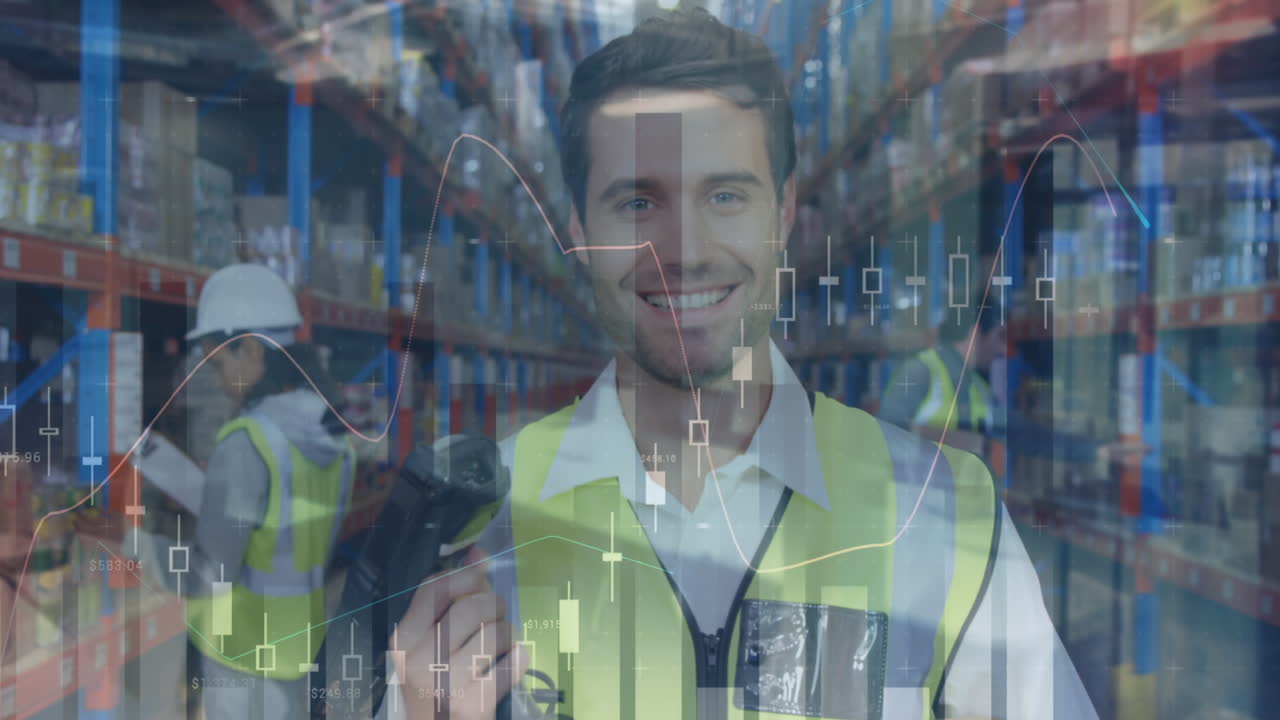 Animazione dell'elaborazione di statistiche e dati finanziari su un uomo e una donna che lavorano in un magazzino