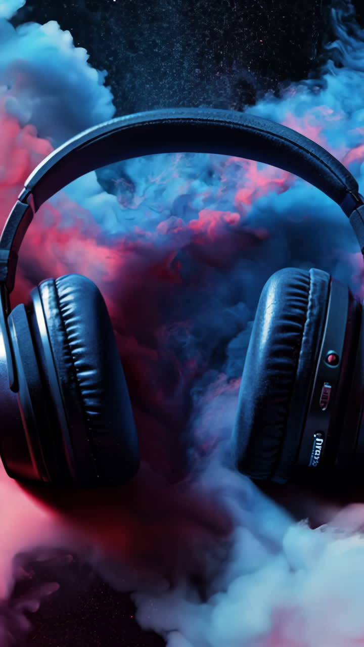A pair of headphones is shown in a cloud of red and blue smoke. The headphones are positioned in the middle of the smoke, with the red and blue colors blending together to create a vibrant
