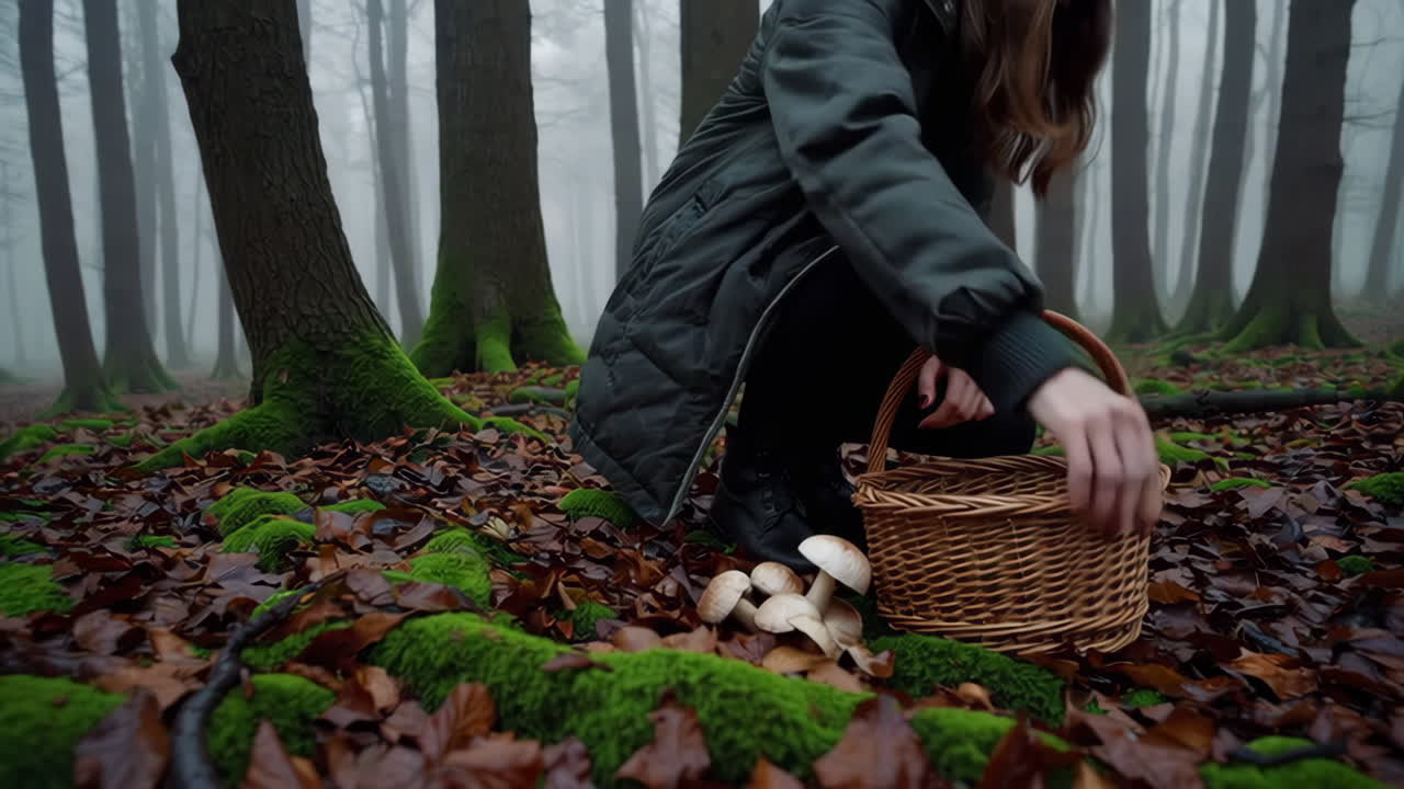 Woman Foraging Mushrooms in a Misty Forest