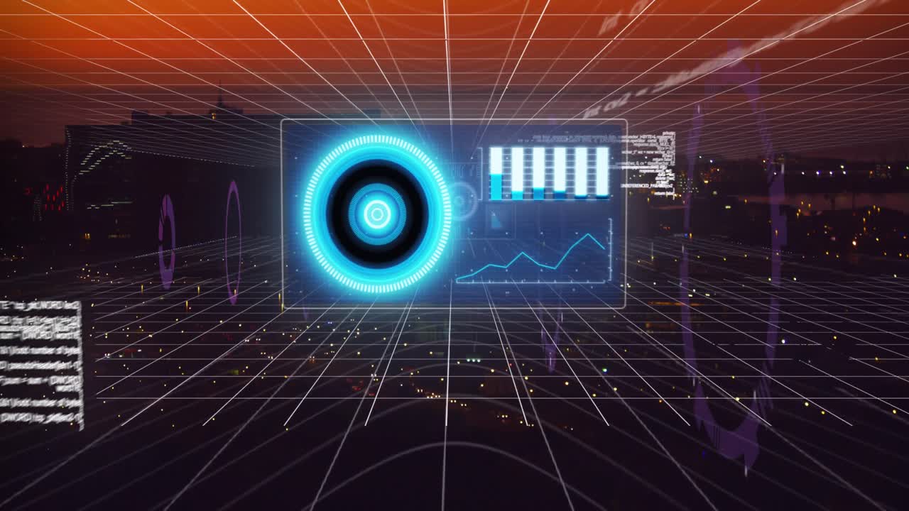 animación de escaneo de alcance y procesamiento de datos sobre el paisaje urbano