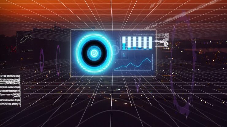 Animation of scope scanning and data processing over cityscape