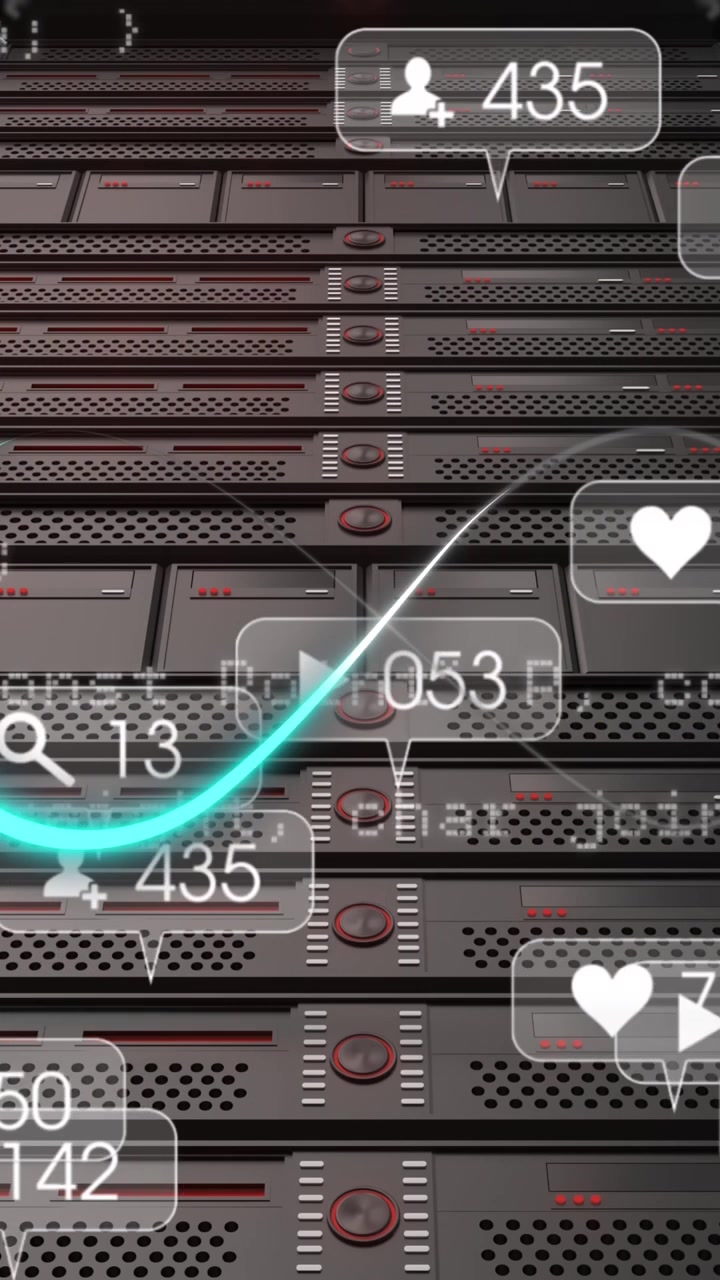 Animazione di elaborazione dati su icone e sala server