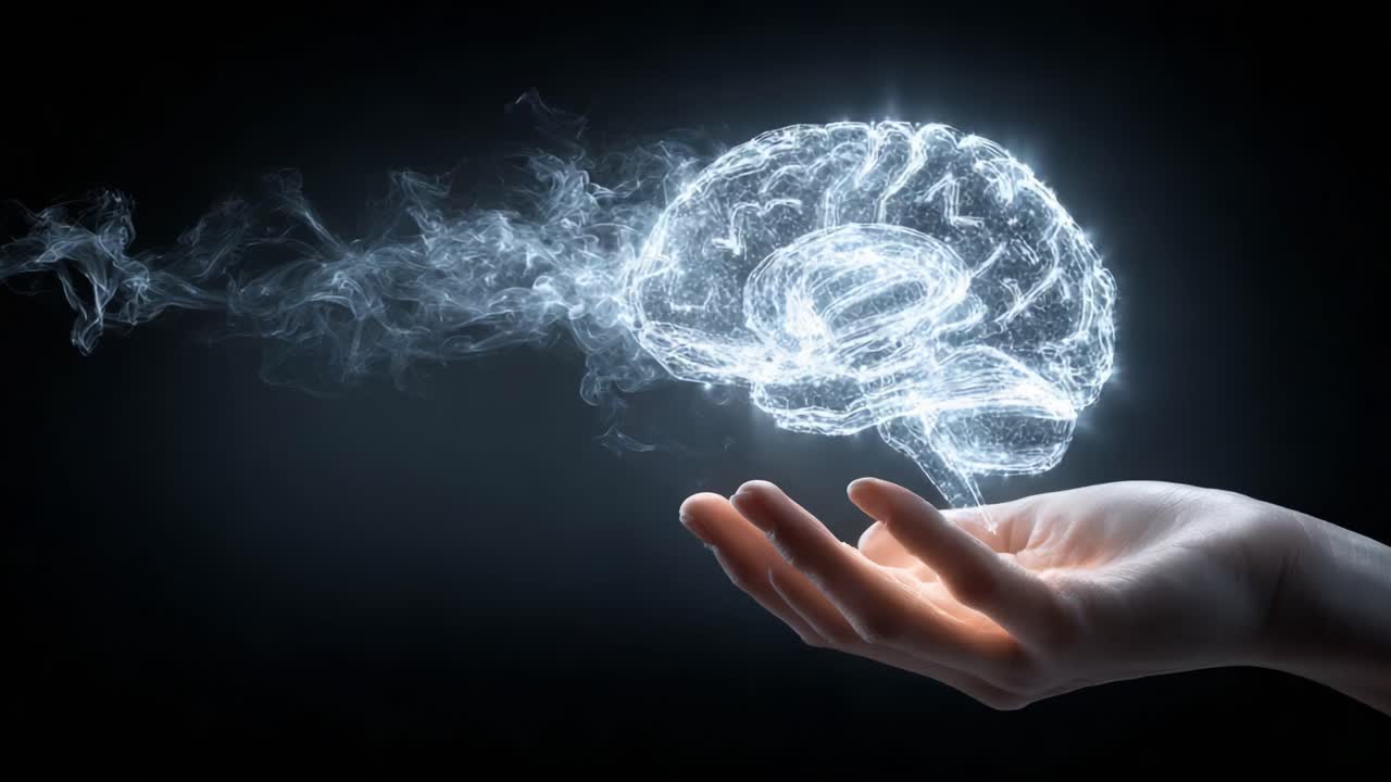 A Hand Holding a Glowing, Ethereal Brain Representation Surrounded by Wisps of Smoke, Symbolizing Creativity, Intelligence, and the Power of Thought in a Dark Background