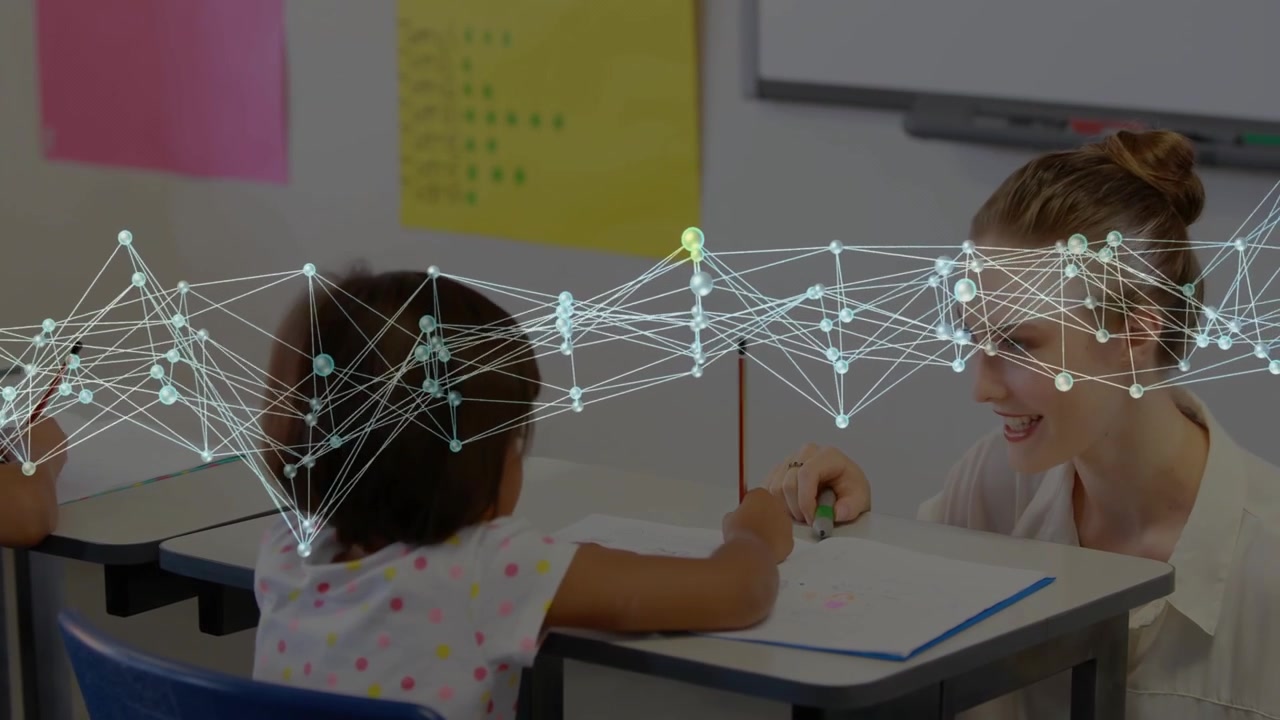 Child drawing with pencil in book, teacher coming, guiding, network floating over page for learning