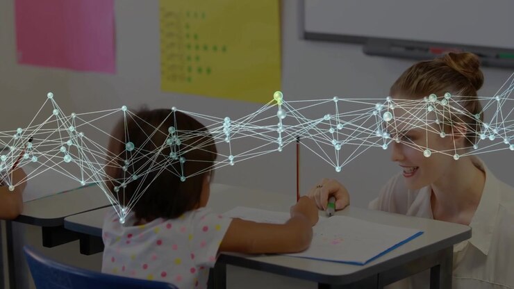 Child drawing with pencil in book, teacher coming, guiding, network floating over page for learning