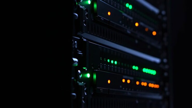 Green and amber lights switch on and off along rows of server panels while fixed close-up reveals metal mounting hardware, ventilation slots, blue reflections, and dark space on left.