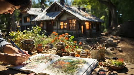 a person sketches vibrant flowers outside a cozy cottage in nature