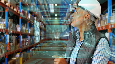 warehouse worker with clipboard surrounded by digital data processing animation