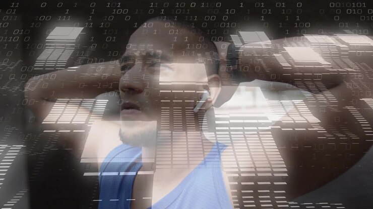 Vertical video: Breathing man calming after workout on street, in blue tank, earbud, watch, overlay