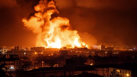 massive flames consuming urban structures spread thick smoke across nighttime cityscape, revealing destructive power of uncontrolled fire devastating residential and industrial buildings