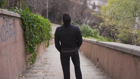 the thoughtful and unhappy young man walks alone in the city.