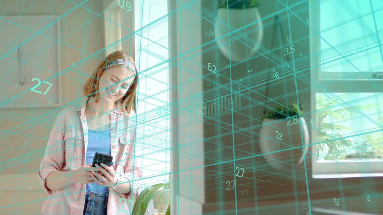 Woman by window tapping phone and activating teal grid overlay, monitoring smart home energy data