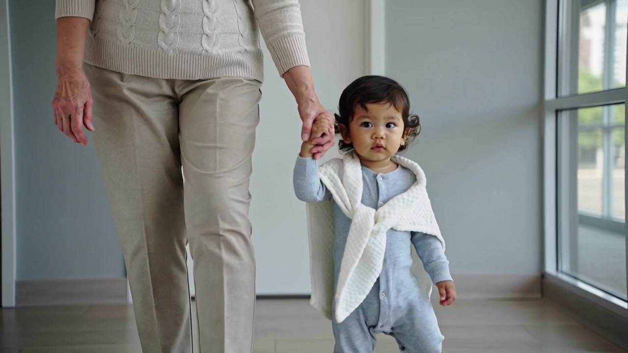 Holding hands senior in beige knit supporting toddler steps in onesie down hall by large windows