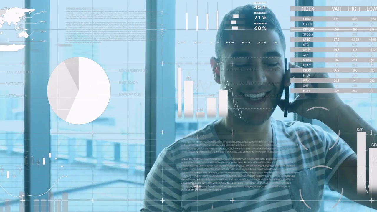 Man holding phone and speaking, call initiating business charts and map presenting data around him