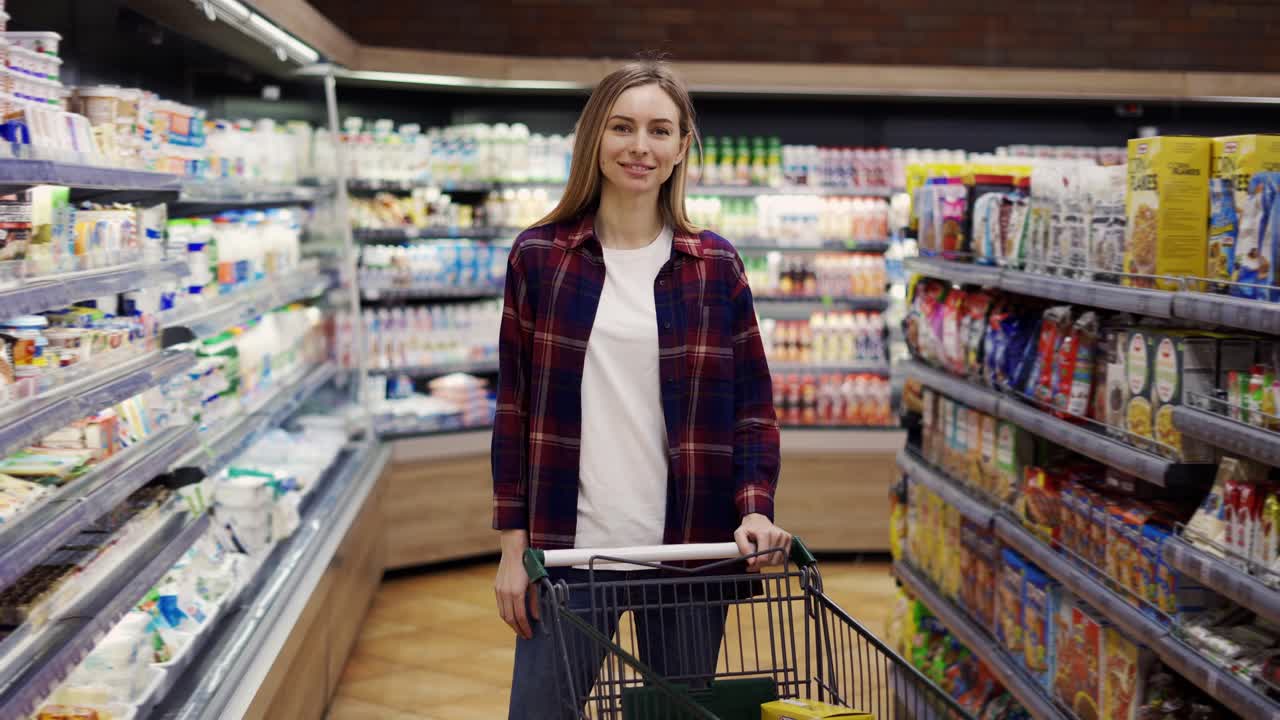 초상화 여성이 슈퍼마켓에서 쇼핑 카트와 함께 카메라 앞에 서 있습니다.