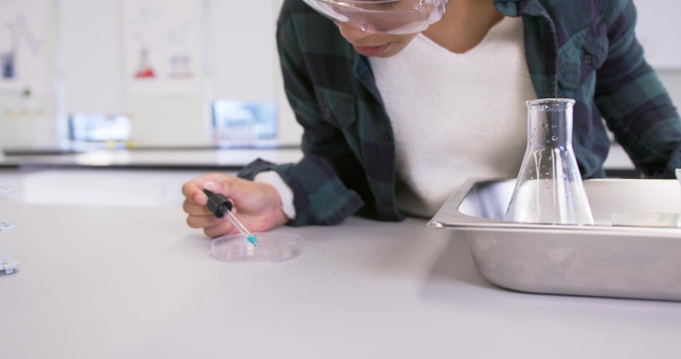 Bambino afroamericano che riempie una pipetta contagocce, aggiungendo gocce a una capsula di Petri, mentre indossa occhiali protettivi e ispeziona in laboratorio.